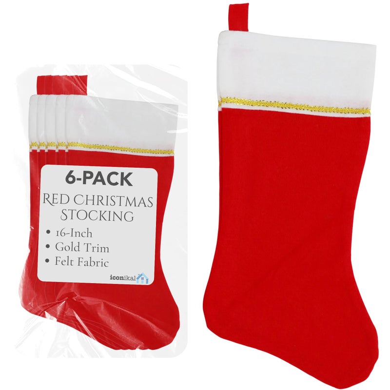 Iconikal 6-Pack Felt Christmas Stocking, White & Red with Gold Trim, 18-Inch Long - Image 1
